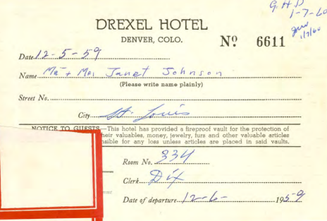 Captura de pantalla del registro en el hotel Drexel, donde Berry se hospedó con Escalanti durante su viaje a EEUU. Fuente: Catálogo de archivos nacionales de EEUU.