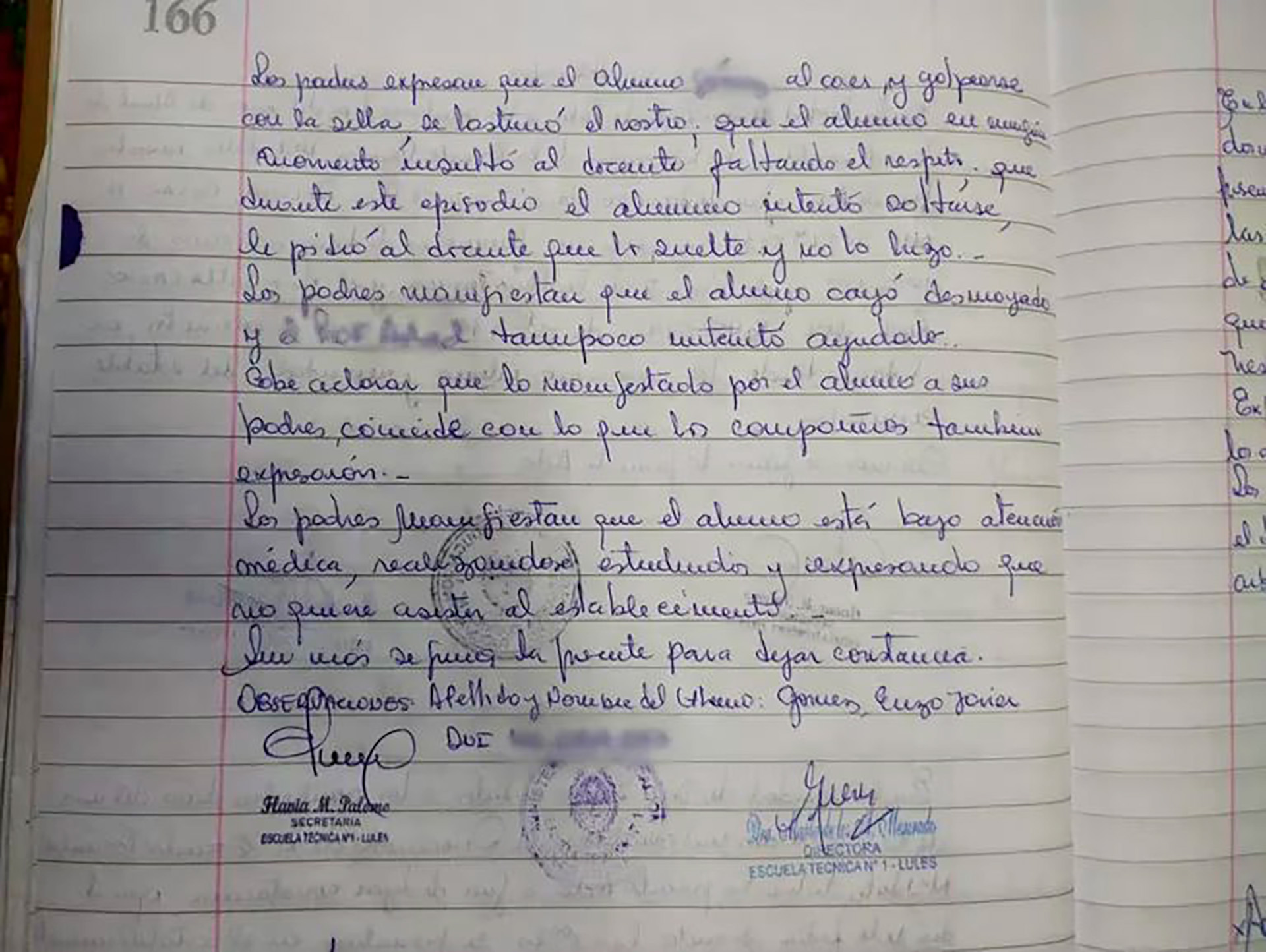La carta que envió la familia de la víctima a la escuela. 