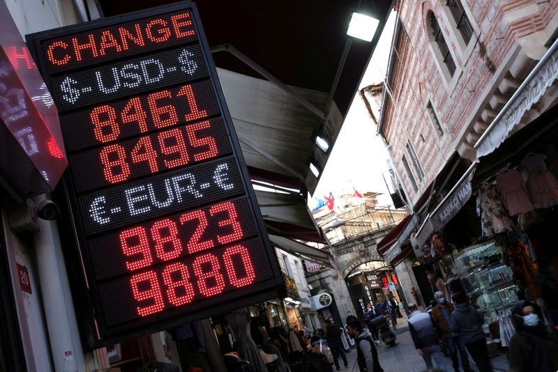 FOTO DE ARCHIVO: Una pizarra muestra los tipos de cambio de monedas fuera de una oficina de cambio en Estambul, Turquía. 4 de noviembre, 2020. REUTERS/Murad Sezer