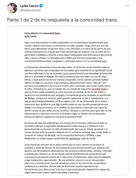 Carta publicada en las redes sociales de la periodista (Foto: Twitter/@lydiacachosi)