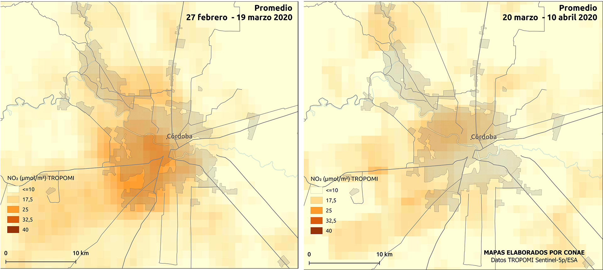Mapa comparativo de NO2 en Córdoba, de febrero-marzo - marzo-abril (CONAE)