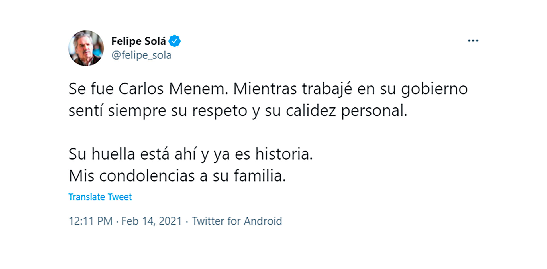 El pésame de Felipe Solá