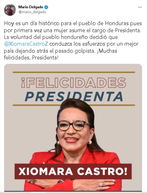El dirigente de Morena celebró el nuevo cargo de Xiomara Castro (Foto: Twitter/ @mario_delgado)