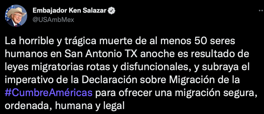 Horas previas al encuentro con AMLO, Salazar utilizó su cuenta para lamentar los hechos en Texas (Foto: Twitter/@USAmbMex)