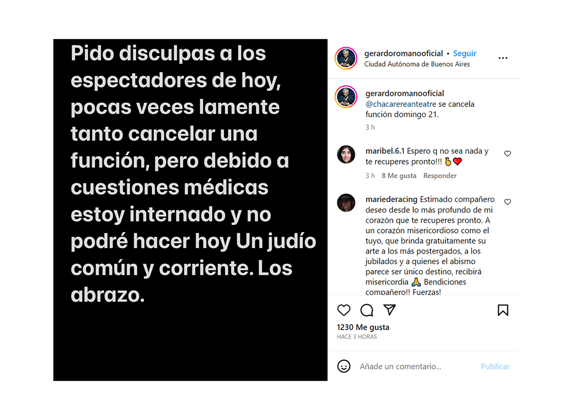 El posteo de Gerardo Romano en Instagram