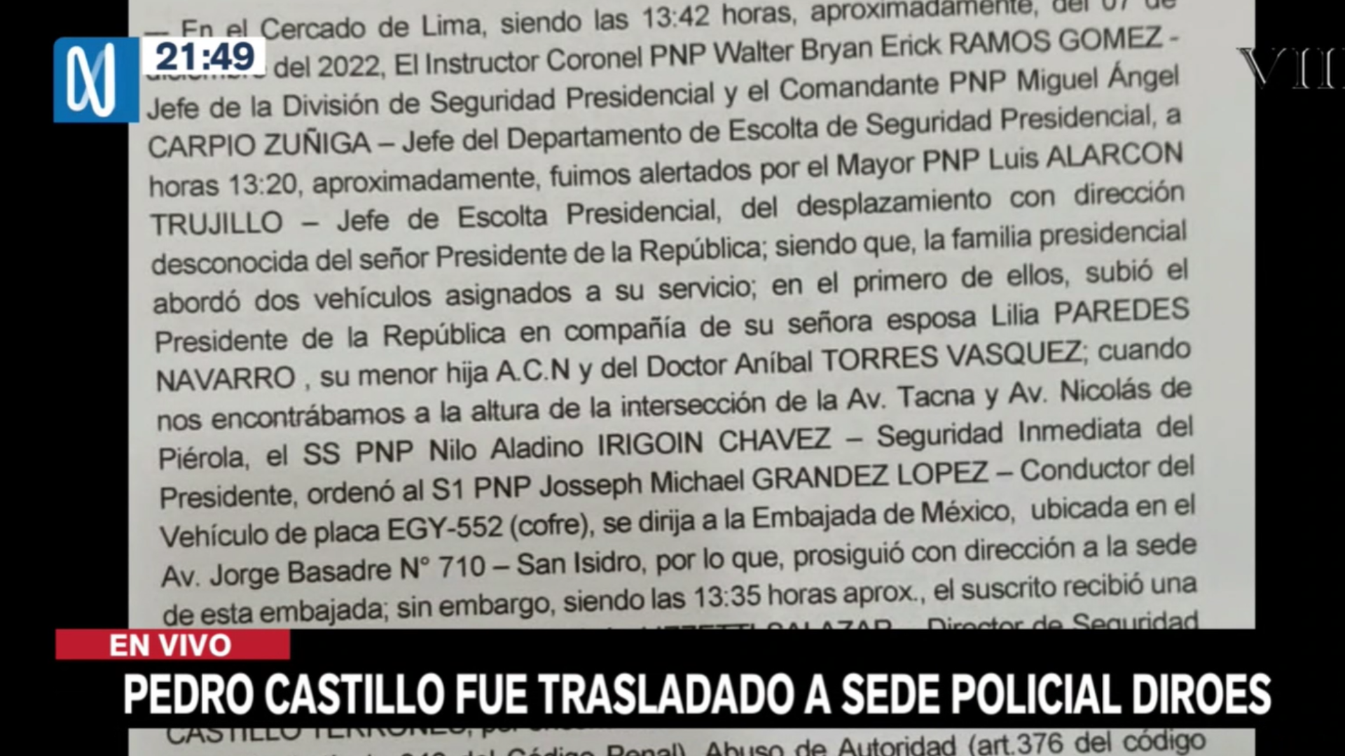 Parte policial de la detención de Pedro Castillo.
Foto: Canal N