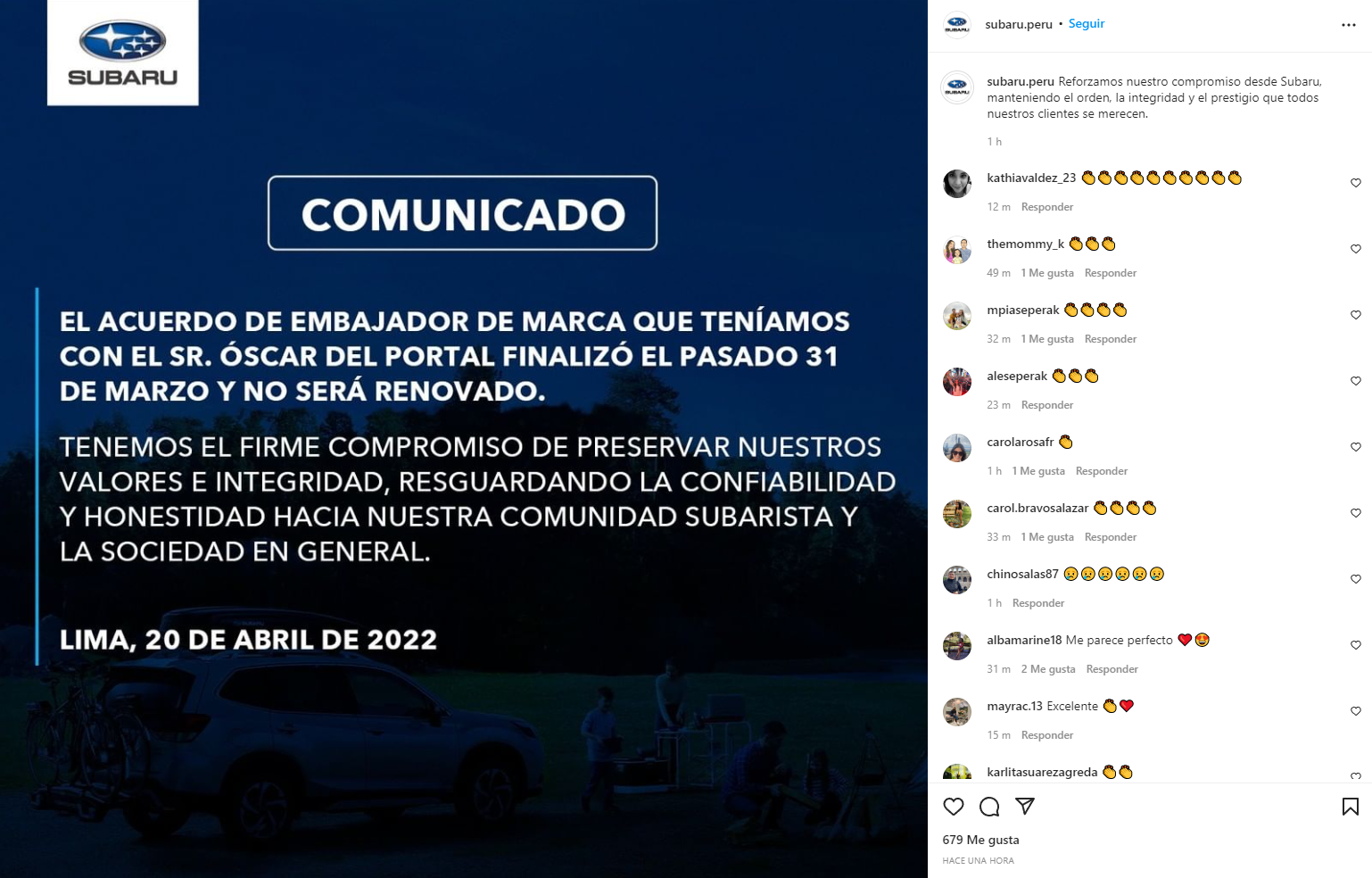 Subaru anuncia que no le renovaron contrato a Óscar del Portal. (Foto: Instagram)