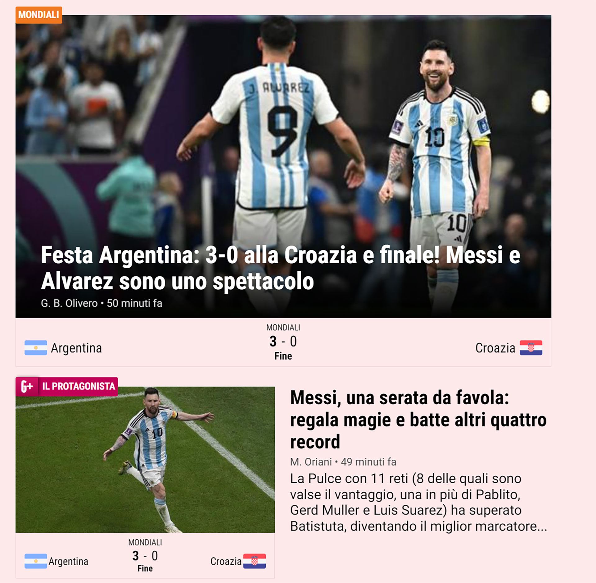 “Fiesta Argentina: 3-0 contra Croacia y ¡final! Messi y Álvarez son un espectáculo” (La Gazzetta dello Sport, Italia)