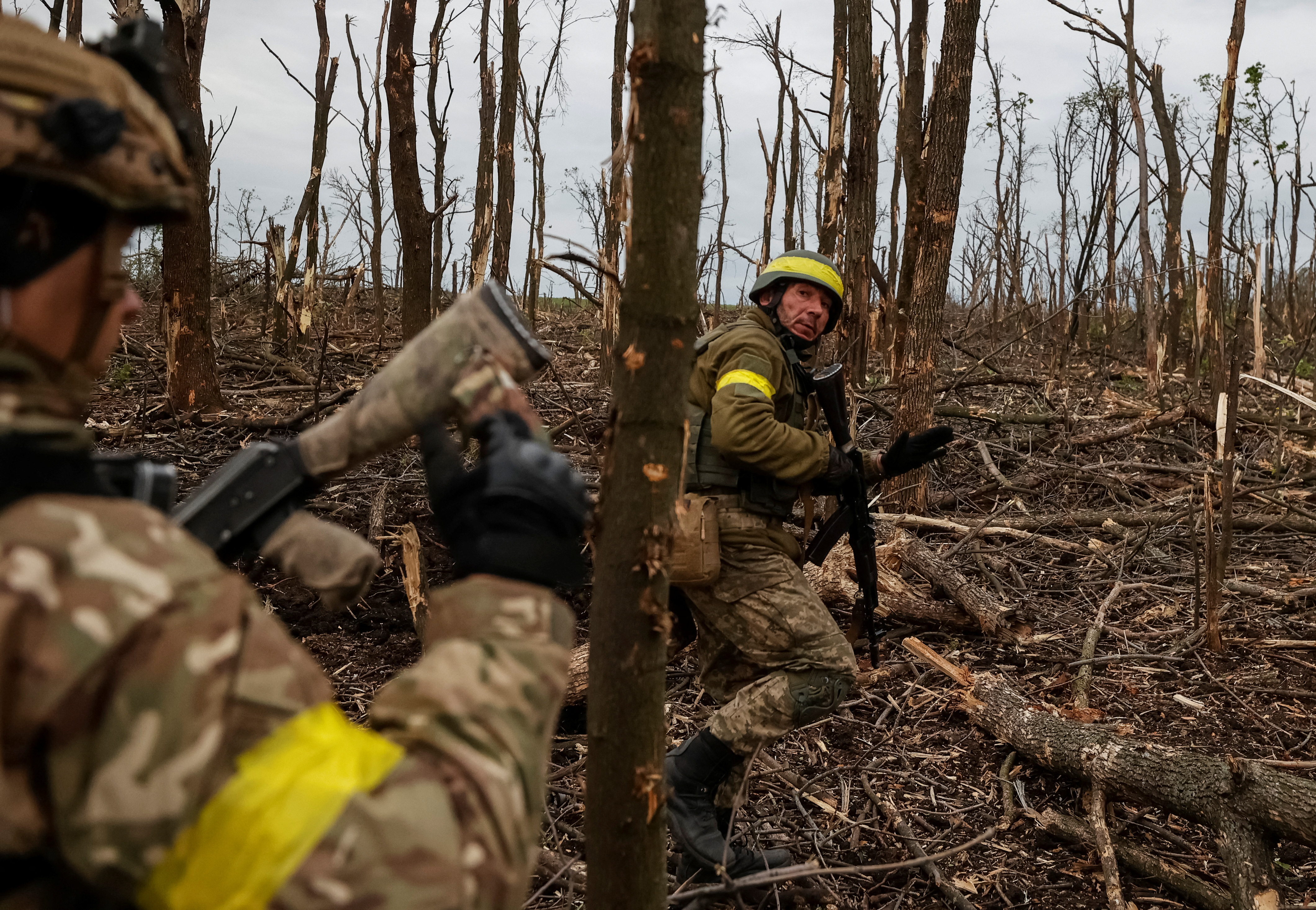 Ukrainian troops review Russian positions after a clash (via Rueters)