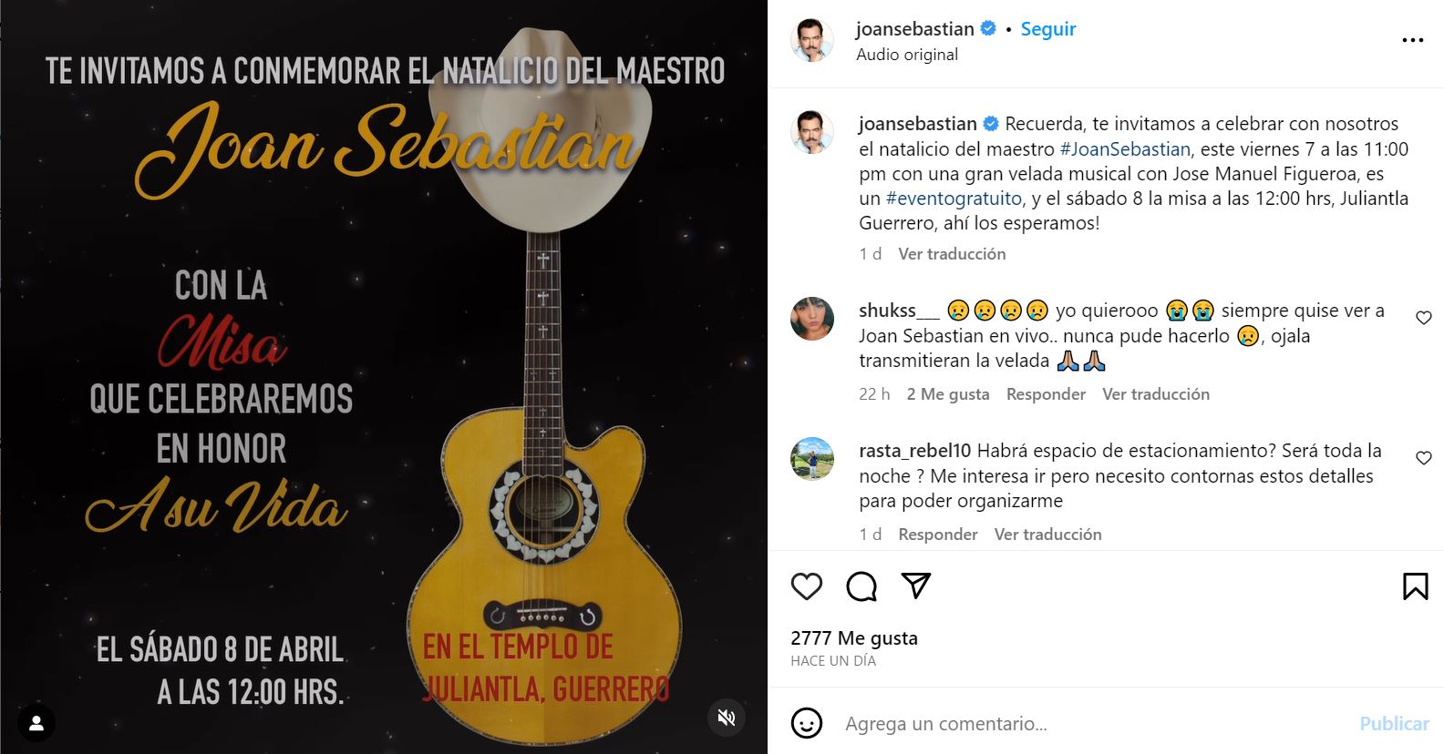 El concierto podría extenderse hasta la 1:00 del 8 de abril para cantarle Las Mañanitas (Instagram/@joansebastian)