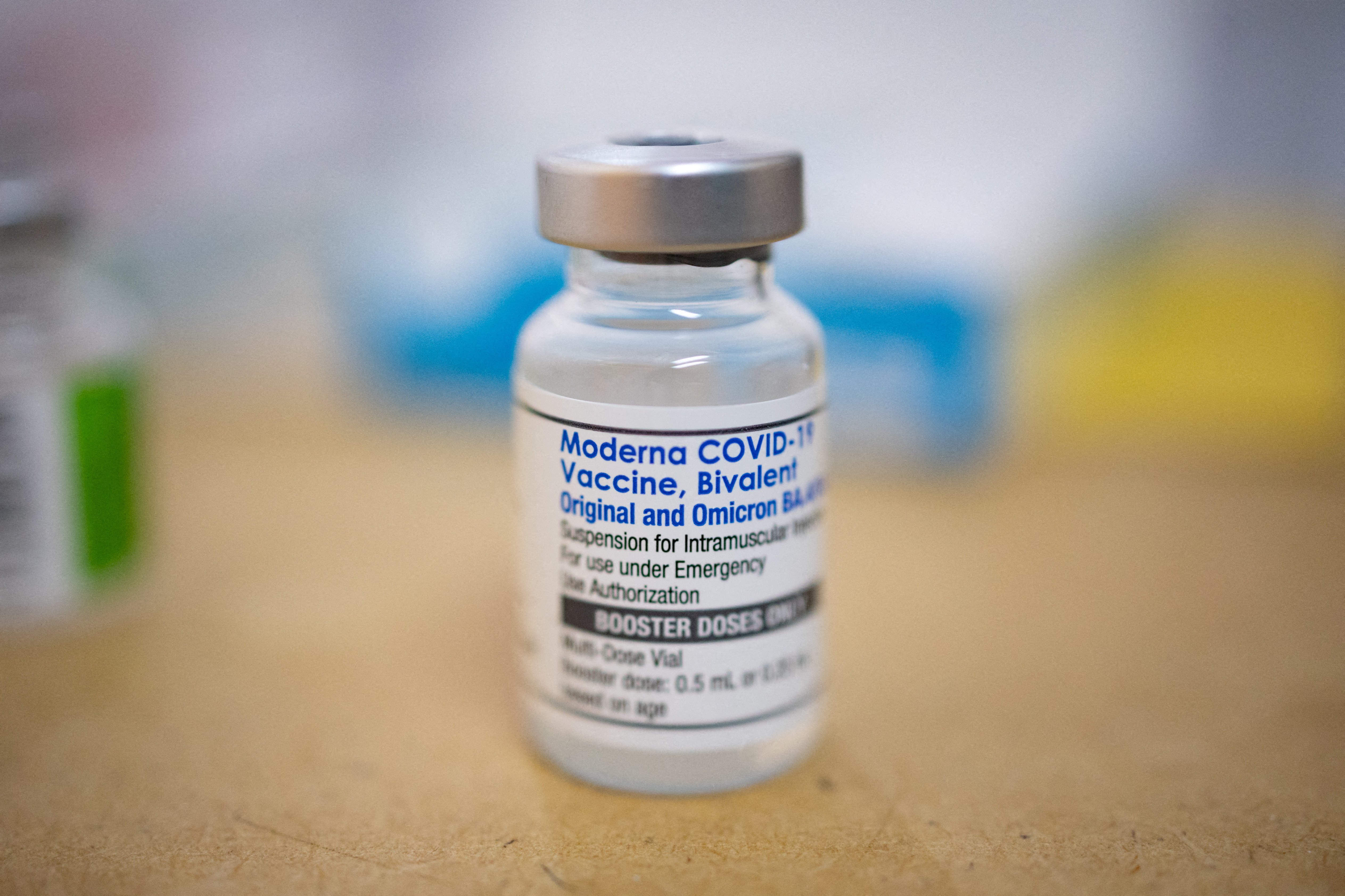 FILE PHOTO: A vial of the Moderna coronavirus disease (COVID-19) booster vaccine targeting BA.4 and BA.5 Omicron sub variants is pictured at Skippack Pharmacy in Schwenksville, Pennsylvania, U.S., September 8, 2022.  REUTERS/Hannah Beier/File Photo