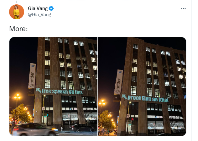 Las imágenes fueron publicadas por la reportera de la NBC Bay Area, Gia Vang. En uno de sus tuits, la reportera escribió: “Esto está siendo proyectado por alguien al otro lado de la calle que se hace llamar activista de la proyección”