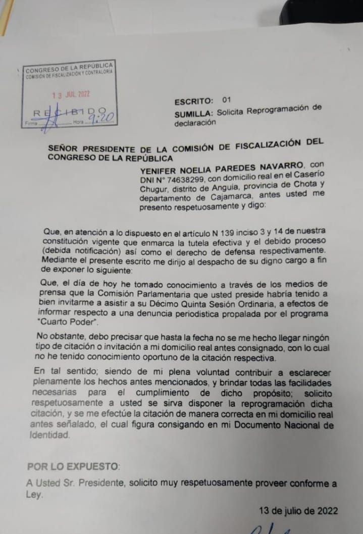 Yenifer Paredes Pide La Reprogramación De Su Cita A La Comisión De Fiscalización Infobae 4646