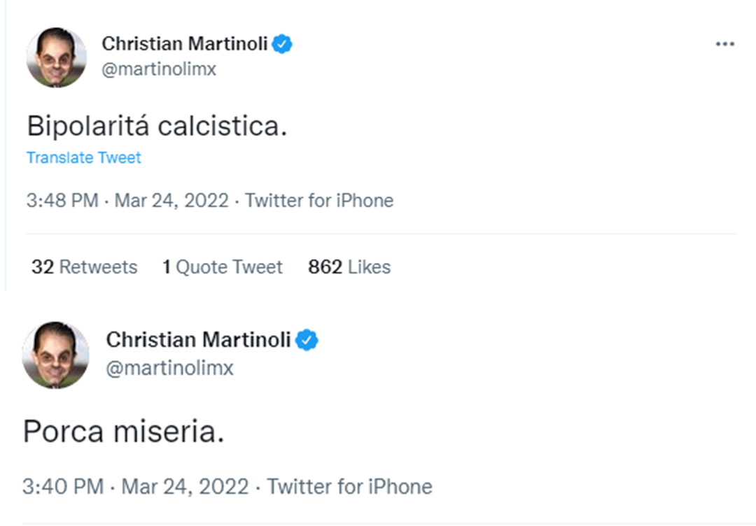 Christian Martinoli è stato uno dei primi personaggi a rimpiangere l'eliminazione (Foto: screenshot di Twitter)