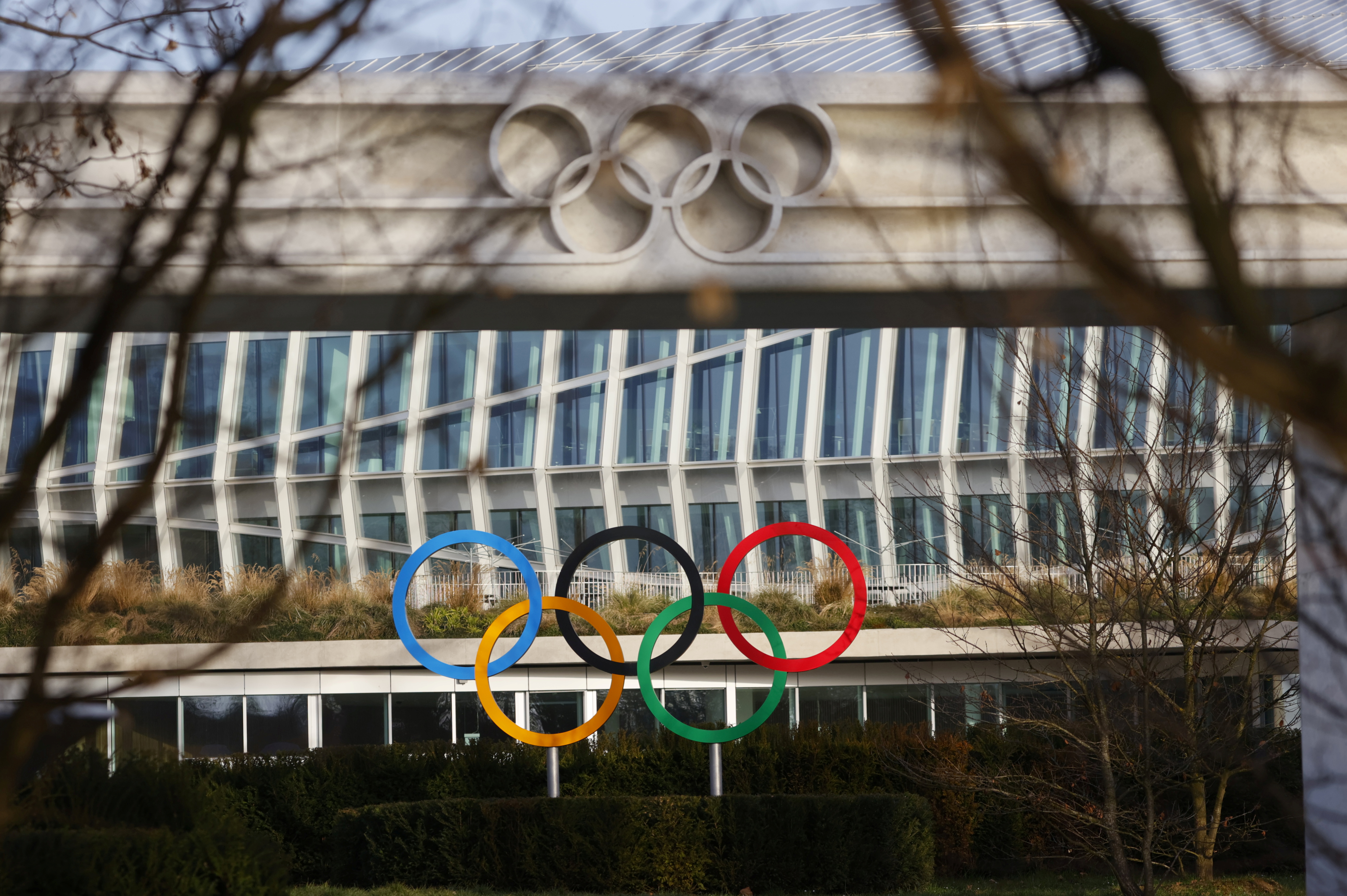The Olympic rings are pictured in front of the International Olympic Committee (IOC) headquarters during the coronavirus disease (COVID-19) outbreak in Lausanne, Switzerland, February 24, 2021. REUTERS/Denis?Balibouse