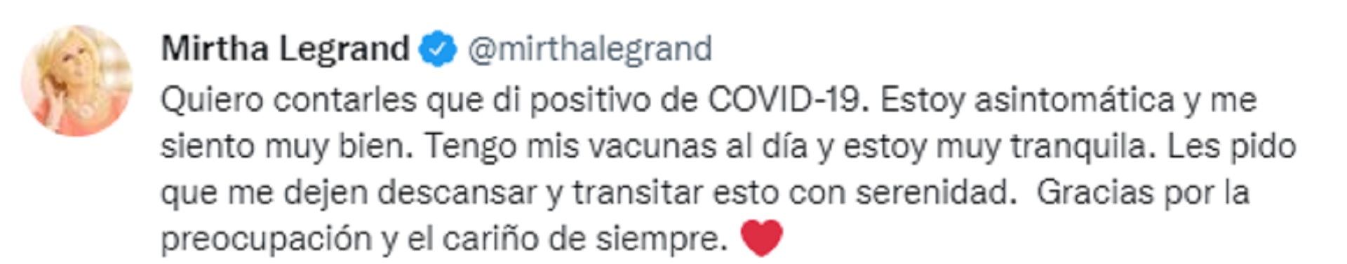 El tweet de Mirtha Legrand informando su positivo de coronavirus