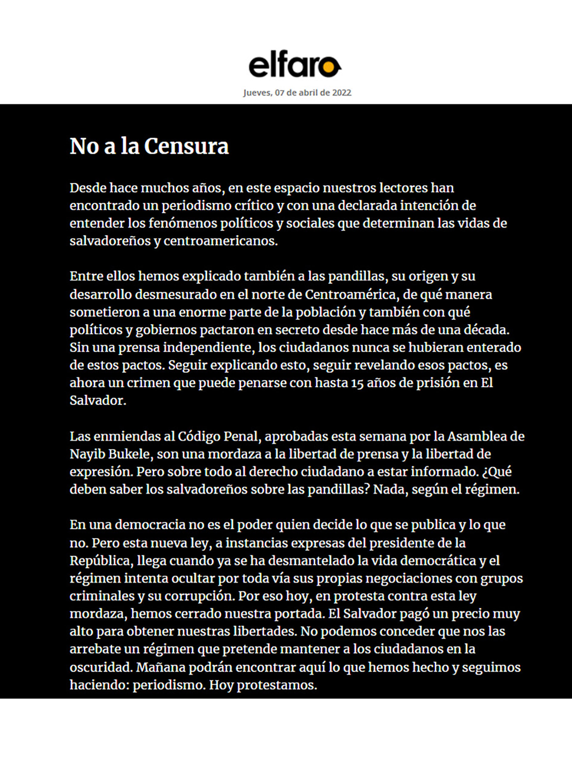El texto publicado en la web de El Faro, que reemplazó las noticias por una protesta contra la censura del presidente Nayib Bukele