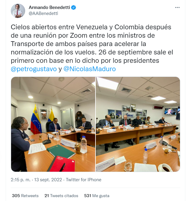 A través de Twitter, el embajador de Colombia en Venezuela, Armando Benedetti, anunció la apertura del espacio aéreo entre Colombia y Venezuela.
FOTO: vía Twitter (@AABenedetti)