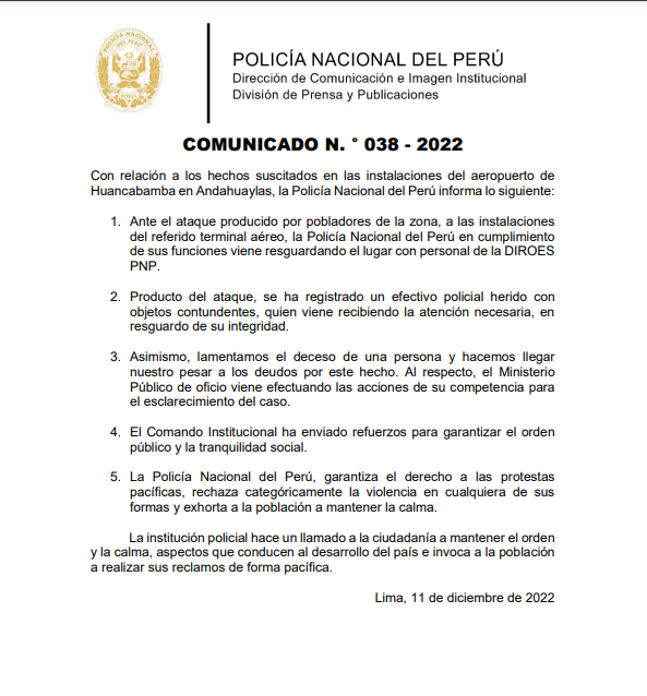 Report of the National Police of Peru to the protests in Antahuilas.