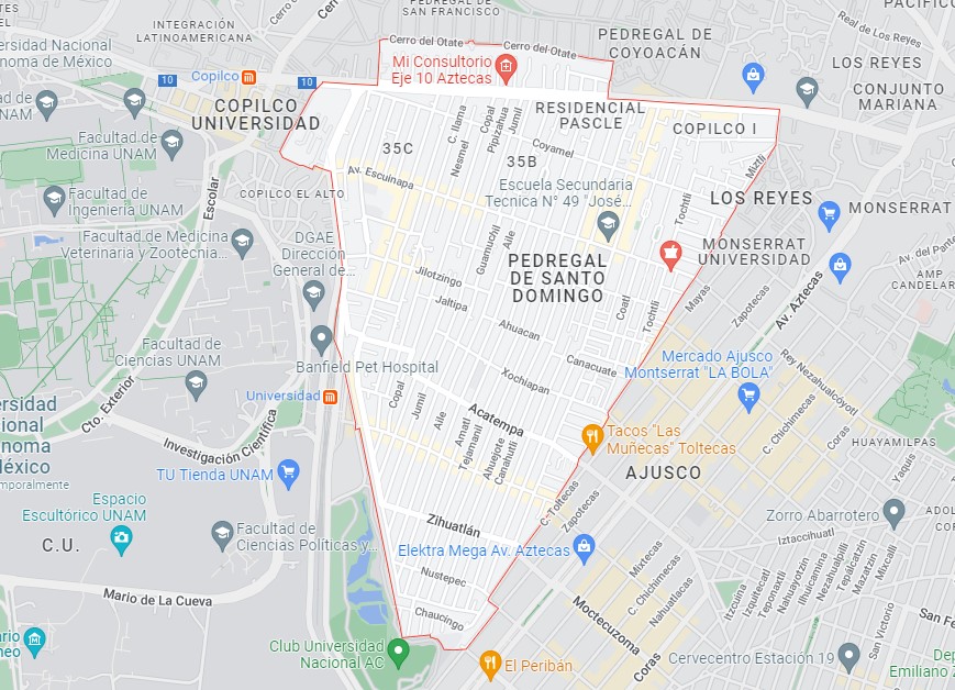 El Pedregal de Santo Domingo se ubica entre el Eje 10 Henríquez Sureña, Avenida del Imán, Avenida Aztecas y Delfín Madrigal (Captura: Google Maps)