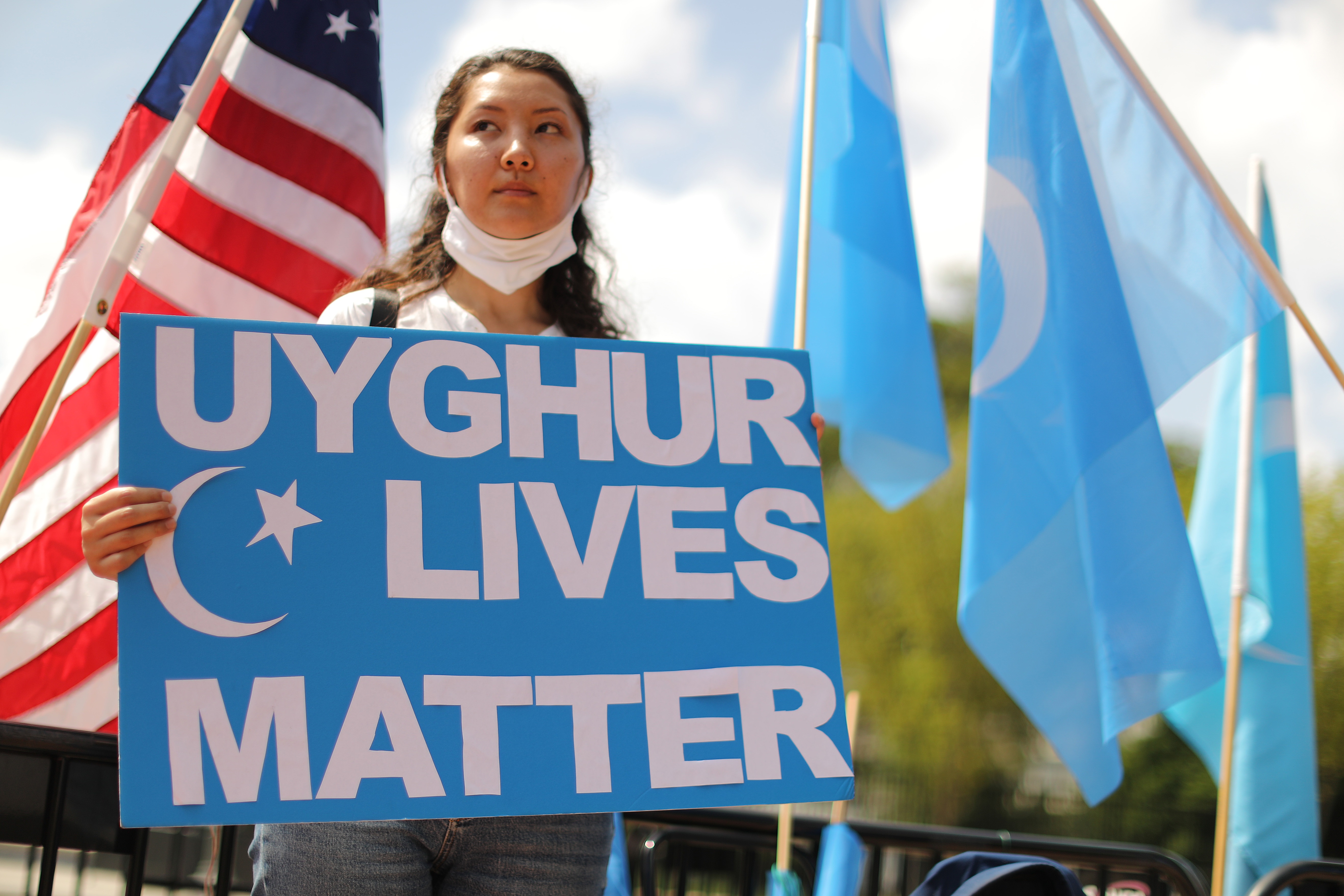 14/08/2020 Demonstrasi di luar Gedung Putih melawan China menyerukan Amerika Serikat untuk mengakhiri perjanjian perdagangan dan mengambil langkah-langkah untuk menghentikan penindasan terhadap Uyghur.  EKONOMI CHIP SOMODEVILLA