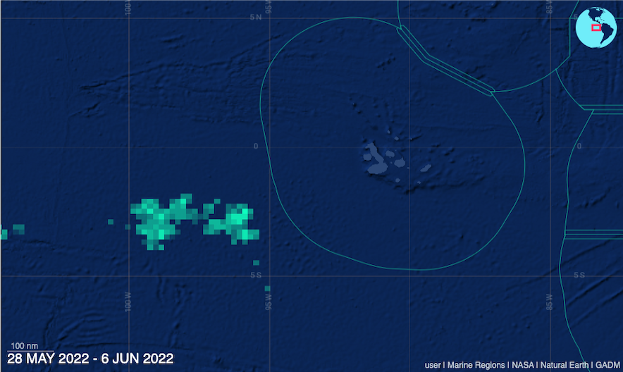 En verde los barcos pesqueros chinos detectados entre el 28 de mayo y el 6 de junio de 2022, al sur occidente de las Galápagos. (Mapa: Global Fishing Watch).