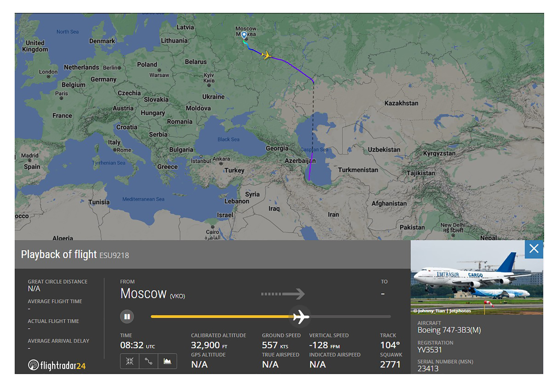 El recorrido del avión del gobierno venezolano hacia Moscú, en Rusia. (Imagen: Flight Radar)