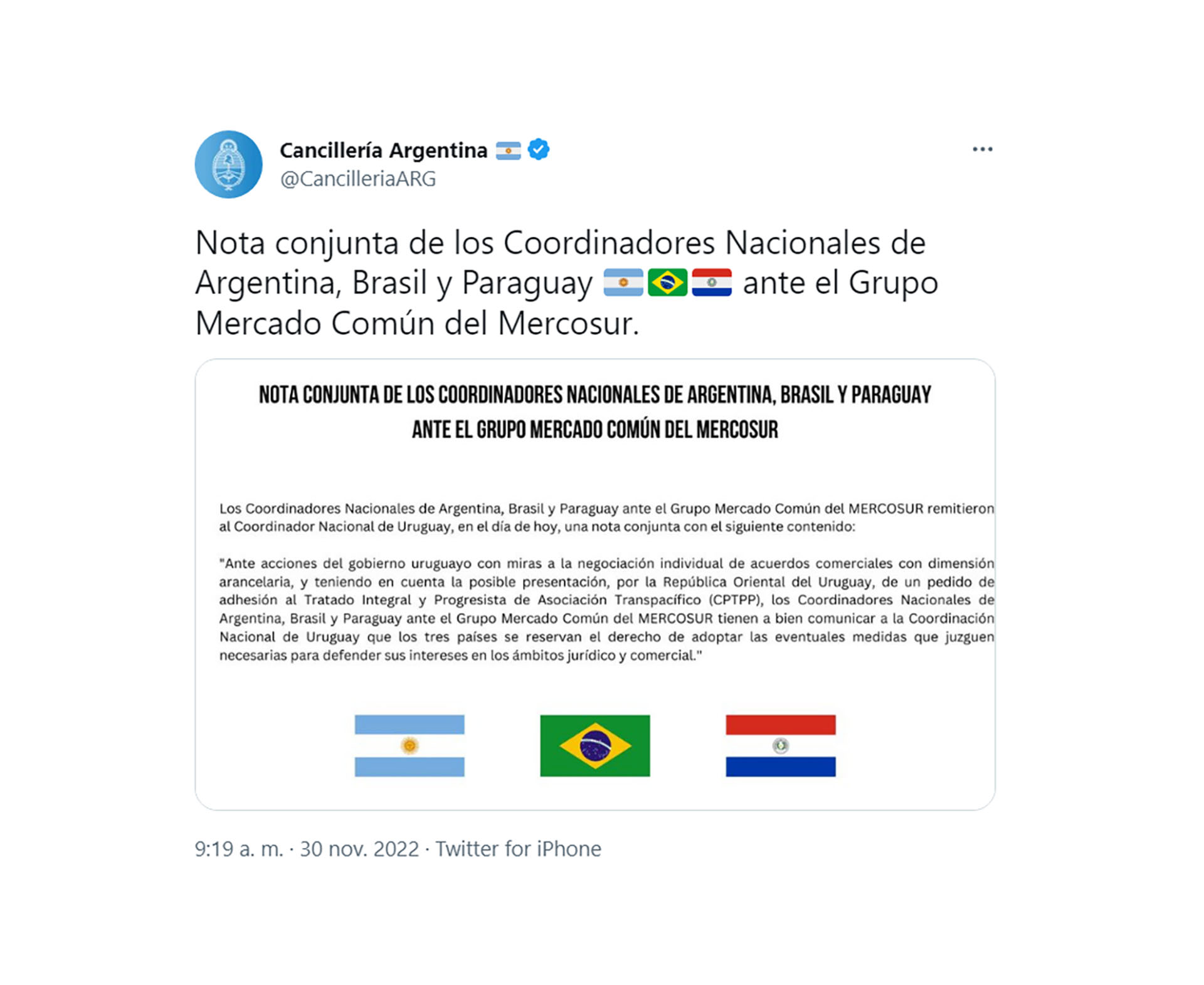 Facsímil del tuit posteado en conjunto por las cancillerías de Argentina, Brasil y Paraguay advirtiendo a Uruguay que tomarán represalias jurídicas si insiste con negociar acuerdos de Libre Comercio al margen del Mercosur