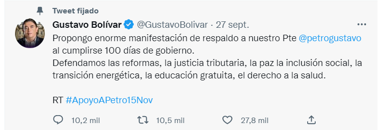 Senador Gustavo Bolívar convoca a marchas en favor del gobierno de Gustavo Petro. Tomado de Twitter.