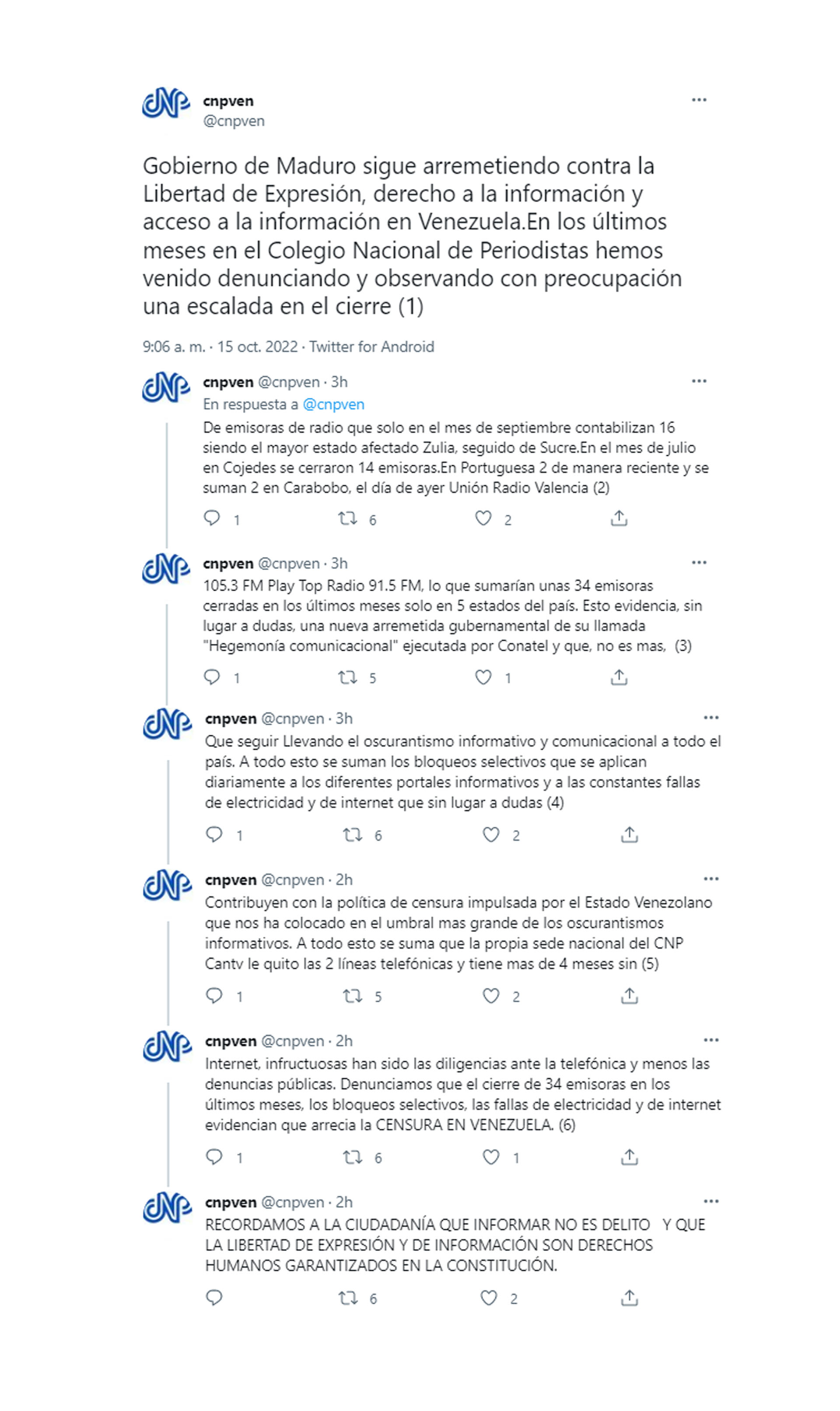 Los mensajes del Colegio Nacional de Periodistas de Venezuela en Twitter