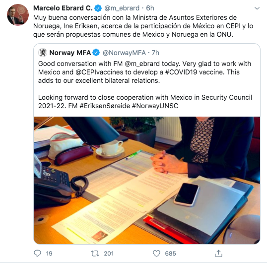 Marcelo Ebrard, titular de la SRE, sostuvo una conversación con la ministra de Asuntos Exteriores de Noruega, Ine Eriksen, sobre la colaboración del país mexicano en la CEPI (Foto: Twitter)