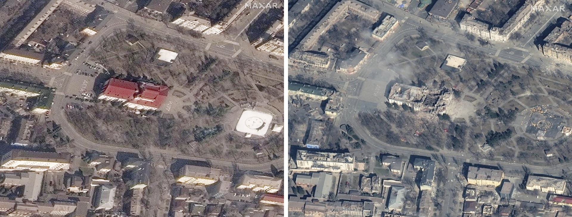 El teatro, antes y después del ataque (Maxar vía AP)