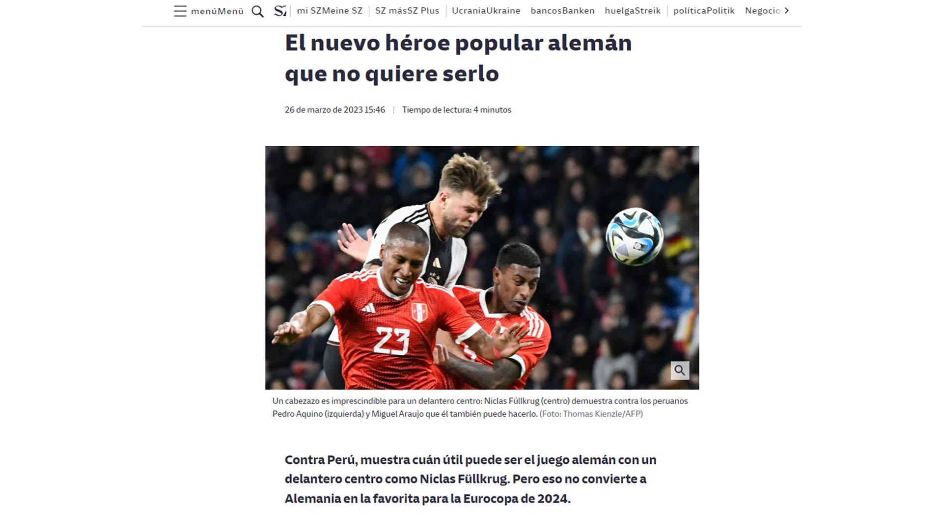 Suddeutsche Zeitung acerca de la victoria alemana contra Perú haciendo referencia a Niclas Fullkrug.