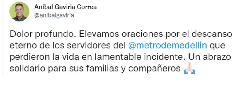 Gobernador de Antioquia y su mensaje en Twitter.
