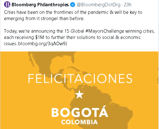 Bloomberg Philanthropies premia a Bogotá