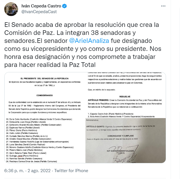 A través de su cuenta de Twitter, Iván Cepeda anunció su elección como presidente de la Comisión de paz y posconflicto del Senado de la República.
FOTO: vía Twitter (@IvanCepedaCast)