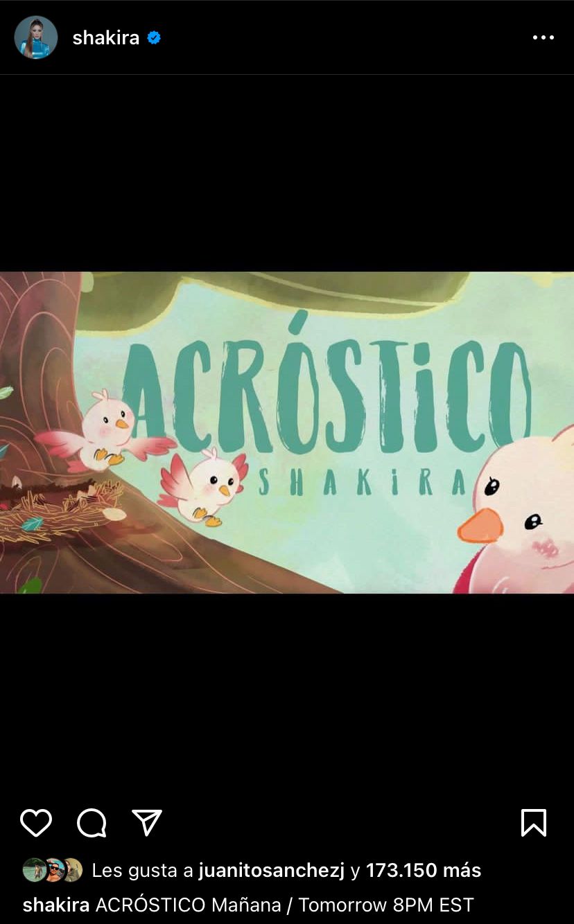 Shakira announced the launch of a new song that will be called "Acrostic" and that will premiere on May 11 at 8 pm.  @shakira/Instagram
