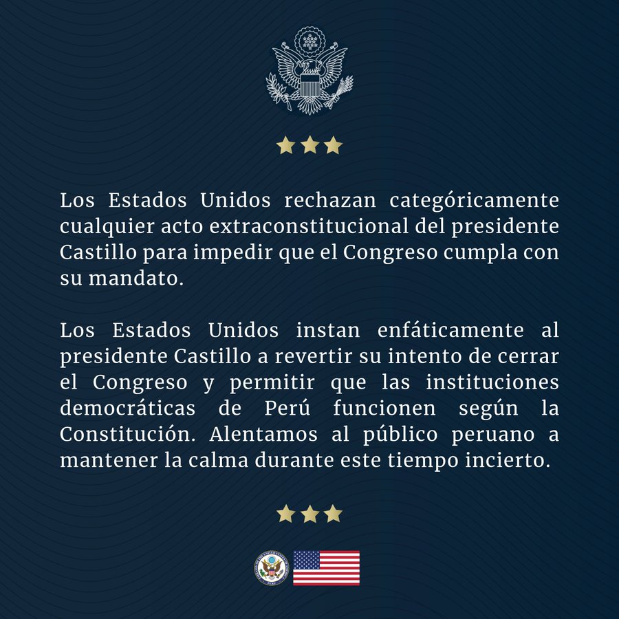 Estados Unidos rechazó acto inconstitucional de Pedro Castillo