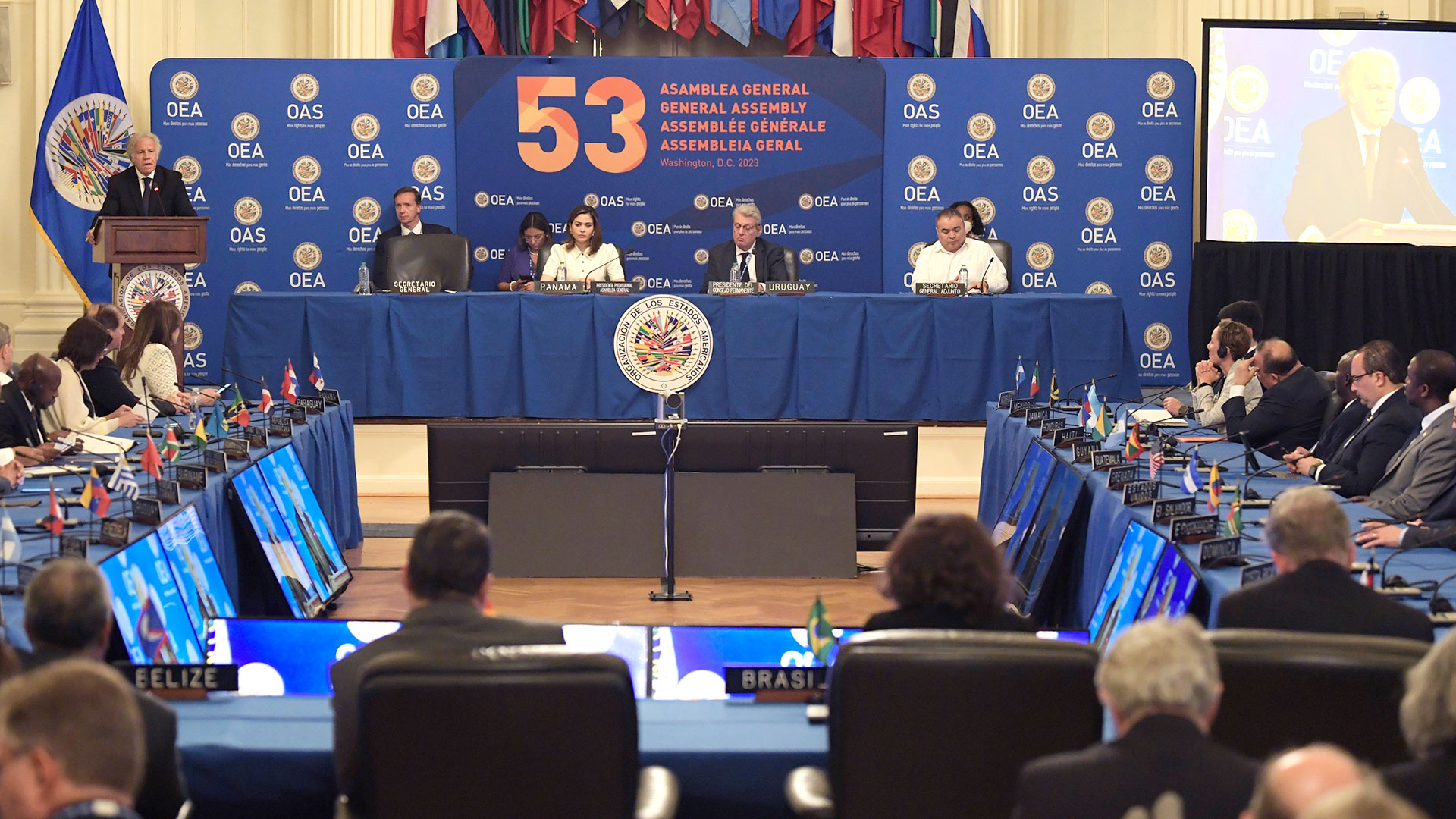 La 53ava Asamblea General de la OEA comenzó el miércoles con el dialogo entre los Jefes de Delegación y los observadores permanentes en Washington (EE.UU). EFE/Lenin Nolly.
