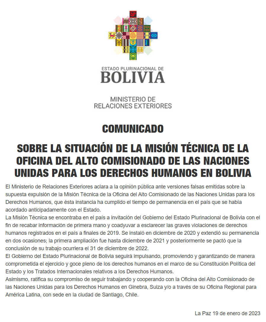 Comunicado del Ministerio de Exteriores de Bolivia tras la salida de la misión de la ONU en el país (Cancillería de Bolivia)