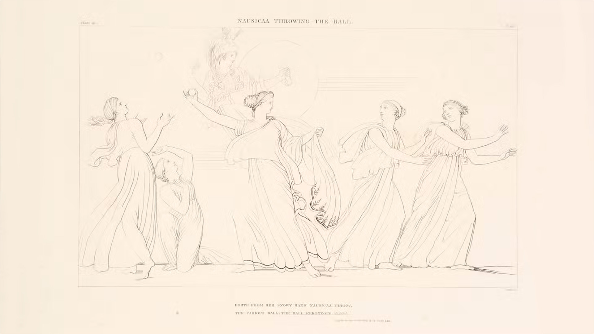 Ilustración de John Flaxman para la Odisea: Nausícaa lanzando la pelota.