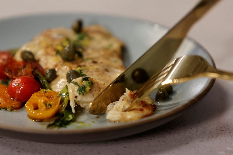 Una vista muestra una pieza cocinada de pechuga de pollo cultivada creada en la planta de Upside Foods, en California, Estados Unidos.  (REUTERS/Peter DaSilva/Archivo)