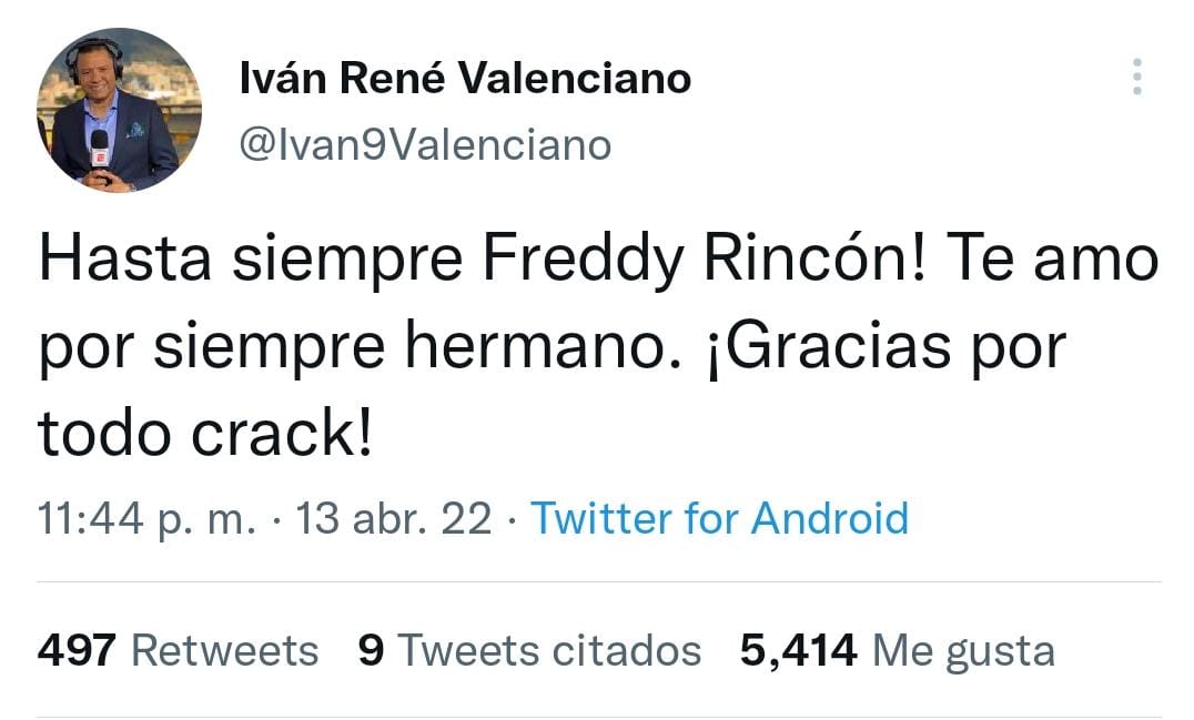 El exjugador y ahora comentarista se despidió de Freddy Rincón. Tomado de @Ivan9Valenciano