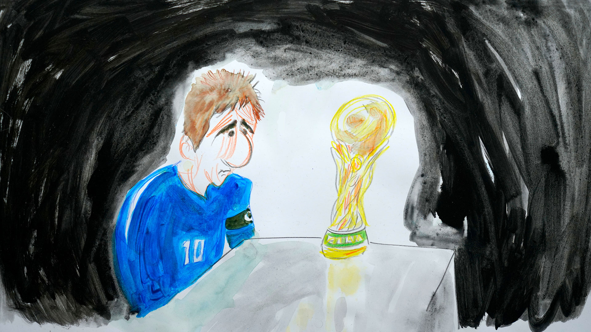 La mirada triste de Lionel Messi (y con ella, la de todos los argentinos y argentinas) sobre la Copa del Mundo, objeto de deseo perdido en la final de Brasil 2014