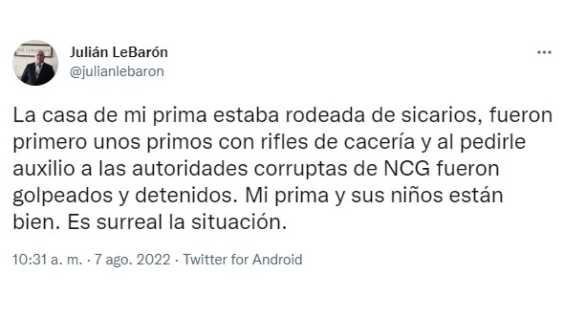 Julián LeBarón señaló que la comunidad atendió la situación de riesgo que vivía la familia de su prima. (Captura: Twitter/julianlebaron)