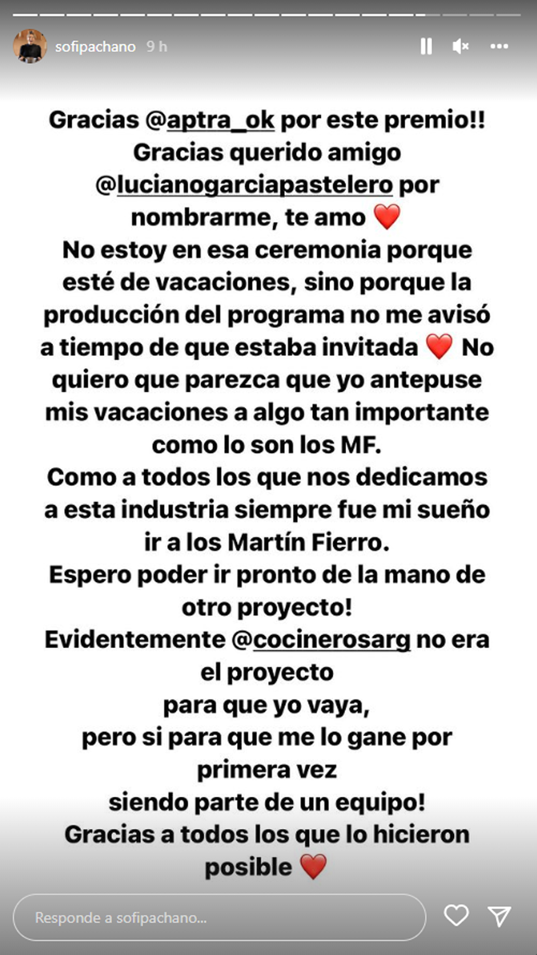Message from Sofía Pachano on her absence at Martín Fierro 2022