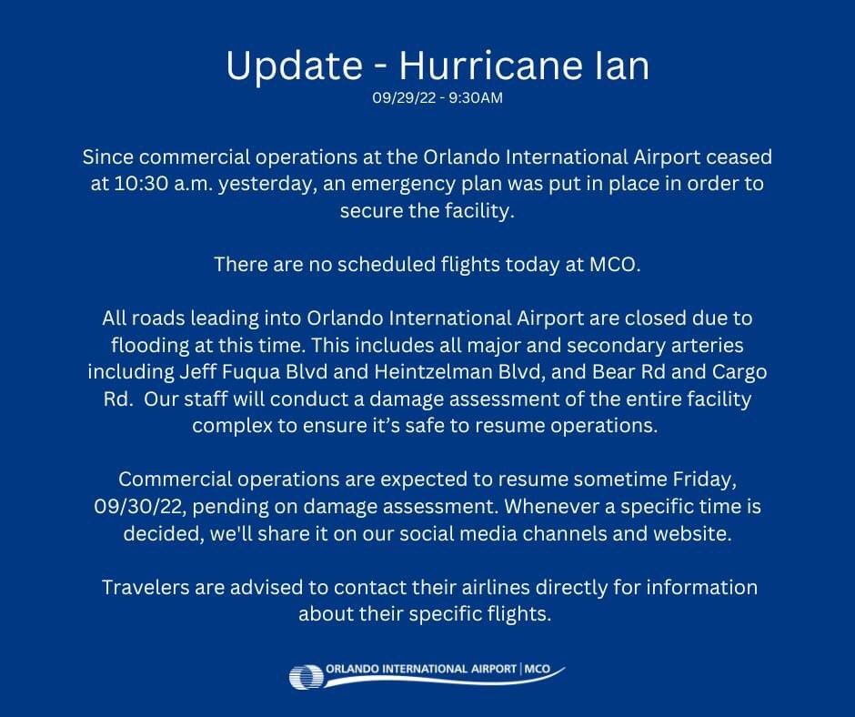 El comunicado del Aeropuerto Internacional de Orlando (MCO) estima que las actividades se podrían reanudar el viernes 30.