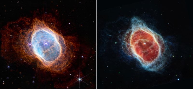 Dos imágenes contiguas muestran observaciones de la nebulosa del Anillo Sur en luz infrarroja cercana, a la izquierda, y en luz infrarroja media, a la derecha, desde el telescopio espacial James Webb (NASA, ESA, CSA, STScI, Webb ERO Production Team/Handout via REUTERS)