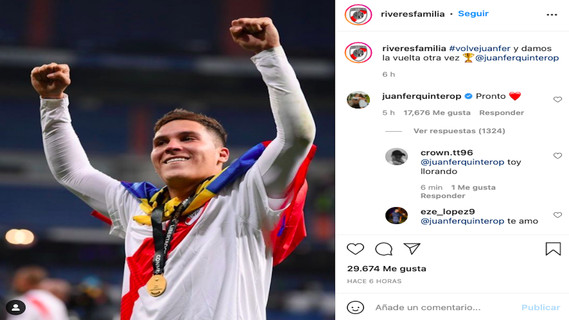 El mensaje de Juanfer Quintero que generó revuelo entre los hinchas de River Plate (Instagram: riveresfamilia)