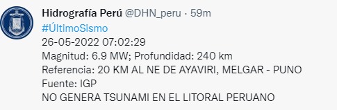 La Dirección de Hidrografía y Navegación de la Marina de Guerra del Perú informó que sismo en Puno no genera alerta de tsunami.